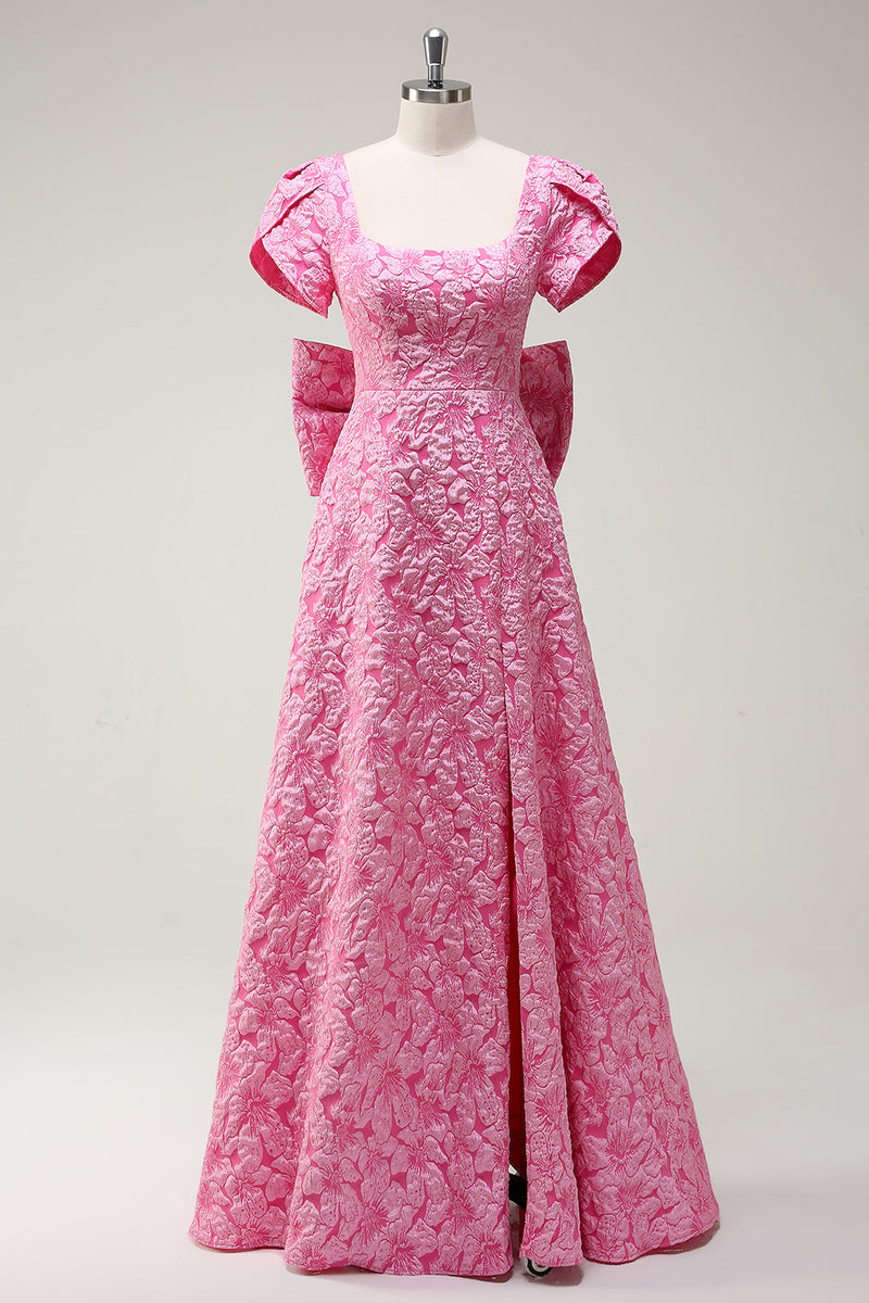 Laden Sie das Bild in den Galerie-Viewer, Fuchsia A-Linie Ballkleid mit quadratischem Ausschnitt und Schleife und Schlitz