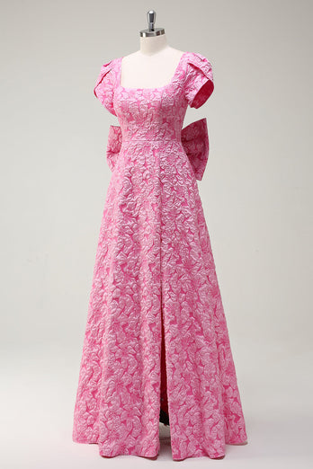 Fuchsia A-Linie Ballkleid mit quadratischem Ausschnitt und Schleife und Schlitz