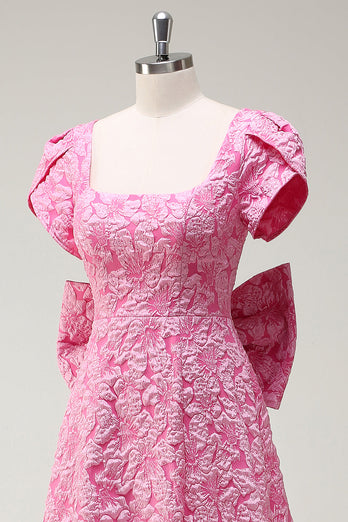 Fuchsia A-Linie Ballkleid mit quadratischem Ausschnitt und Schleife und Schlitz