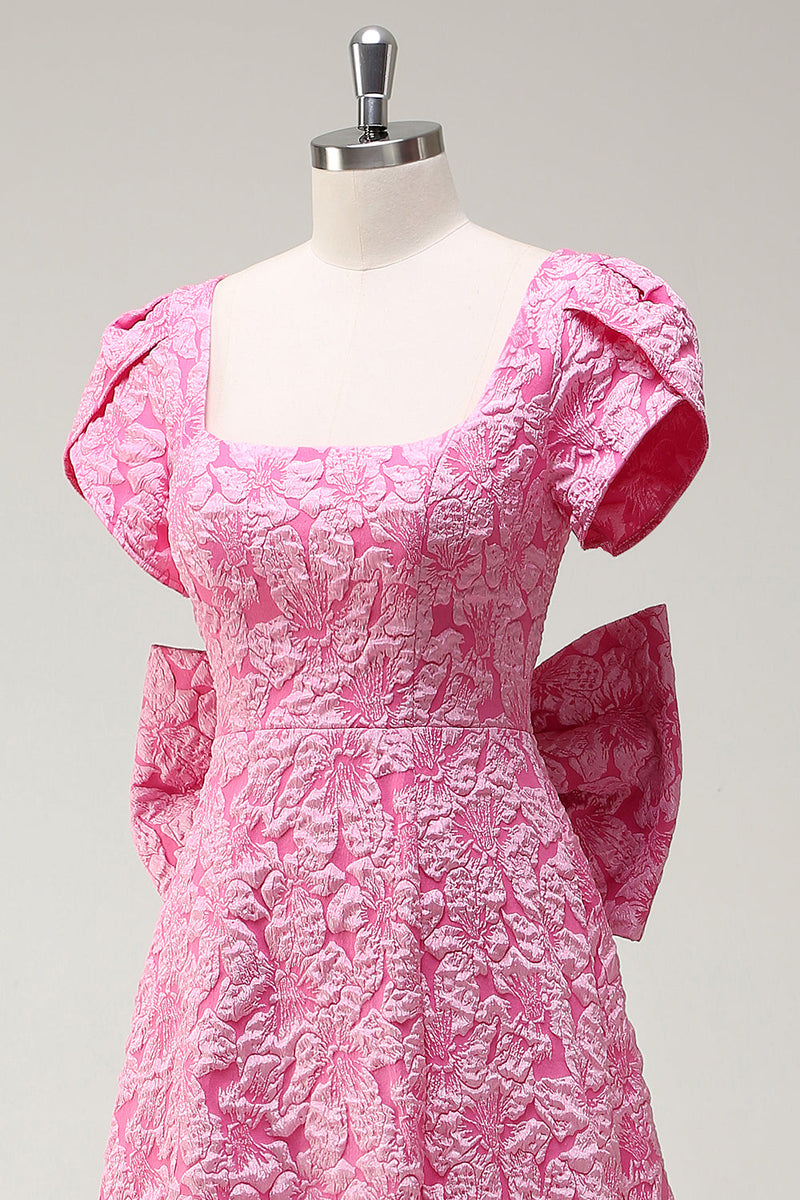 Laden Sie das Bild in den Galerie-Viewer, Fuchsia A-Linie Ballkleid mit quadratischem Ausschnitt und Schleife und Schlitz