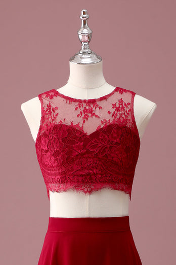 Burgundy Langes Rundhalsausschnitt Spitze Junior Brautjungfernkleid mit Crop-Top