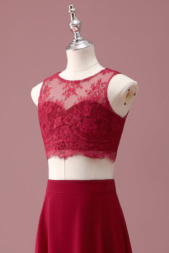 Burgundy Langes Rundhalsausschnitt Spitze Junior Brautjungfernkleid mit Crop-Top