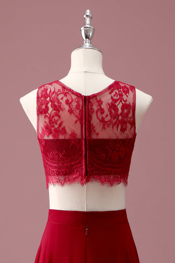 Burgundy Langes Rundhalsausschnitt Spitze Junior Brautjungfernkleid mit Crop-Top