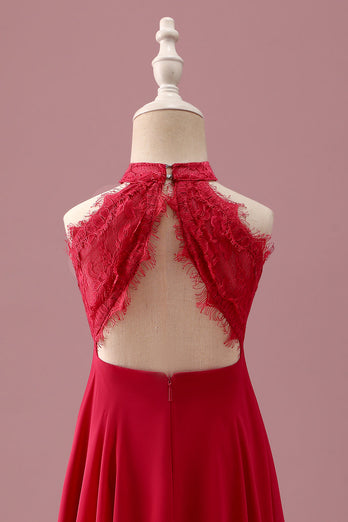 Spitze Neckholder Rotes A-Linie Chiffon Junior Brautjungfernkleid mit Rüschen