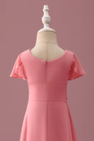 Laden Sie das Bild in den Galerie-Viewer, Koralle Chiffon Brautjungfernkleid mit kurzen Ärmeln und A-Linie mit Schleife