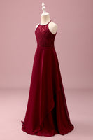 Laden Sie das Bild in den Galerie-Viewer, Burgunderrotes Langes A-Linie Neckholder Spitze Chiffon Junior Brautjungfernkleid