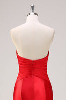 Laden Sie das Bild in den Galerie-Viewer, Rotes Meerjungfrau trägerloses gerafftes langes Ballkleid mit Schleifen