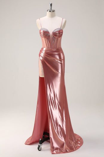 Blush Spaghettiträger Meerjungfrau Metallic Langes Korsett Ballkleid mit Schlitz