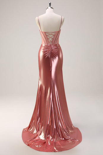 Blush Spaghettiträger Meerjungfrau Metallic Langes Korsett Ballkleid mit Schlitz