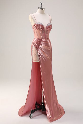 Blush Spaghettiträger Meerjungfrau Metallic Langes Korsett Ballkleid mit Schlitz