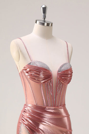 Blush Spaghettiträger Meerjungfrau Metallic Langes Korsett Ballkleid mit Schlitz