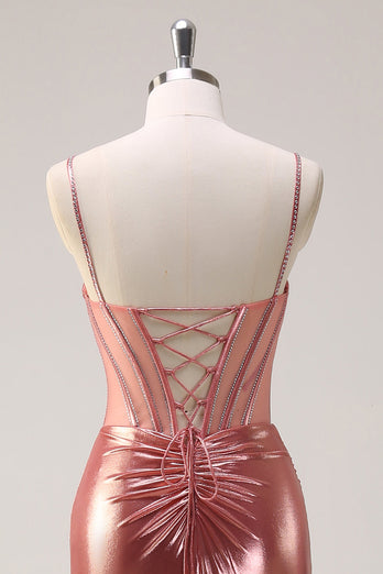 Blush Spaghettiträger Meerjungfrau Metallic Langes Korsett Ballkleid mit Schlitz