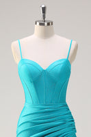 Laden Sie das Bild in den Galerie-Viewer, Blaues Spaghettiträger Meerjungfrau Langes Ballkleid mit Rüschen und schlitz