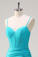 Laden Sie das Bild in den Galerie-Viewer, Blaues Spaghettiträger Meerjungfrau Langes Ballkleid mit Rüschen und schlitz