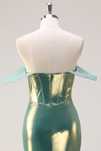 Grünes schulterfreies Meerjungfrauen Metallic Langes Korsett Ballkleid mit Schlitz