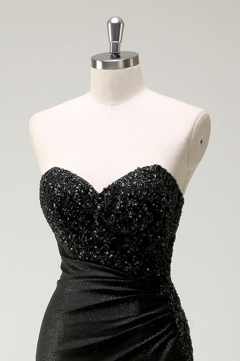 Glitzerndes schwarzes langes Pailletten Ballkleid mit Schlitz