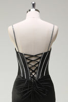 Laden Sie das Bild in den Galerie-Viewer, Schwarzes Meerjungfrau Spaghettiträger Korsett Langes Ballkleid mit Schlitz