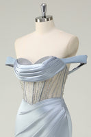 Laden Sie das Bild in den Galerie-Viewer, Staubblaues Meerjungfrauen Korsett Schulterfreies langes Ballkleid mit Schlitz