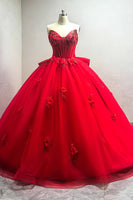 Laden Sie das Bild in den Galerie-Viewer, Glitzer Herzausschnitt Tüll Appliziertes Rotes Quinceanera Kleid mit Schleppe