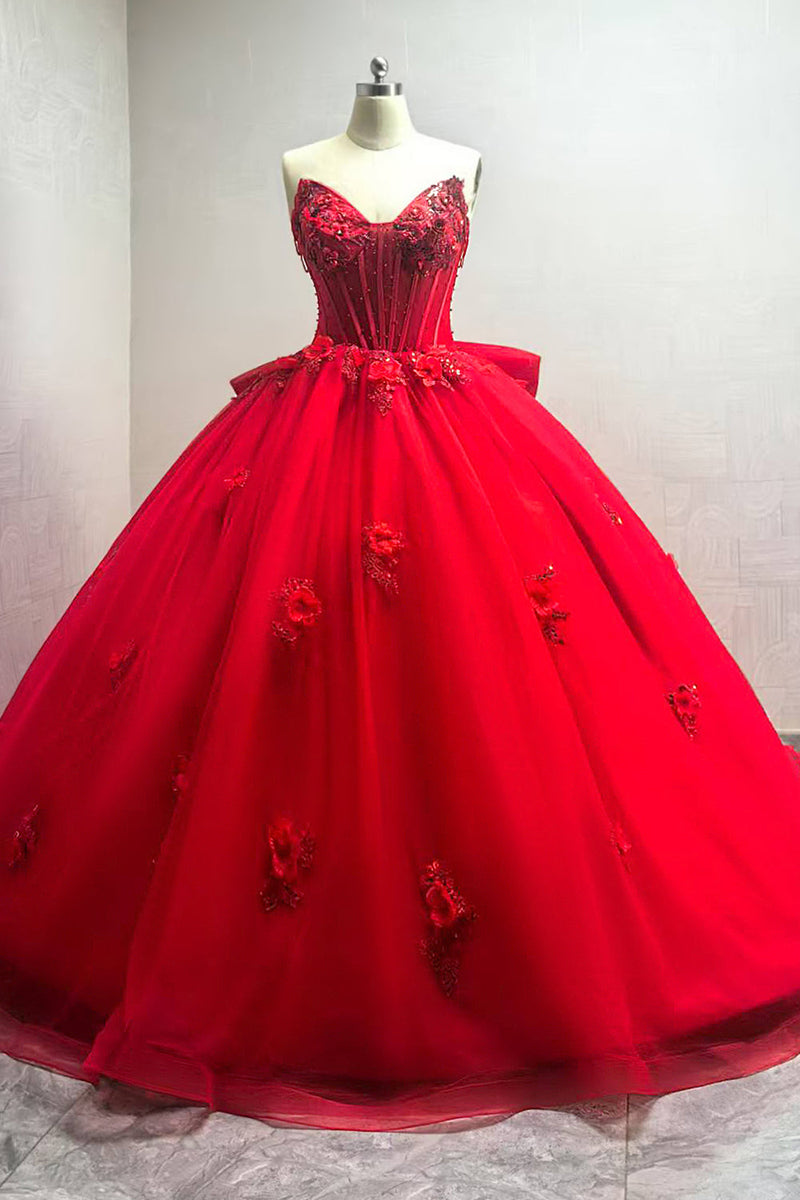 Laden Sie das Bild in den Galerie-Viewer, Glitzer Herzausschnitt Tüll Appliziertes Rotes Quinceanera Kleid mit Schleppe