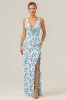 Laden Sie das Bild in den Galerie-Viewer, Blaues Blumen Etui Tiefer V-Ausschnitt Rückenfreies langes Brautjungfernkleid mit Rüschen schlitz