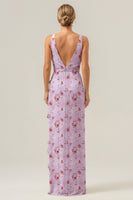 Laden Sie das Bild in den Galerie-Viewer, Blaues Blumen Etui Tiefer V-Ausschnitt Rückenfreies langes Brautjungfernkleid mit Rüschen schlitz