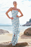 Laden Sie das Bild in den Galerie-Viewer, Blaue Blume Spaghettiträger Chiffon Langes Brautjungfernkleid mit Rüschen schlitz