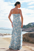 Laden Sie das Bild in den Galerie-Viewer, Blaue Blume Spaghettiträger Chiffon Langes Brautjungfernkleid mit Rüschen schlitz