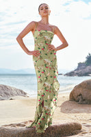 Laden Sie das Bild in den Galerie-Viewer, Blaue Blume Spaghettiträger Chiffon Langes Brautjungfernkleid mit Rüschen schlitz