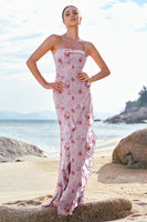 Laden Sie das Bild in den Galerie-Viewer, Blaue Blume Spaghettiträger Chiffon Langes Brautjungfernkleid mit Rüschen schlitz