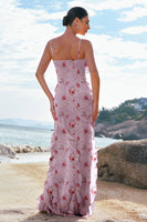 Laden Sie das Bild in den Galerie-Viewer, Blaue Blume Spaghettiträger Chiffon Langes Brautjungfernkleid mit Rüschen schlitz