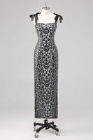 Laden Sie das Bild in den Galerie-Viewer, Glitzerndes Graues Etui Partykleid mit Leopardenmuster und Krawattenriemen