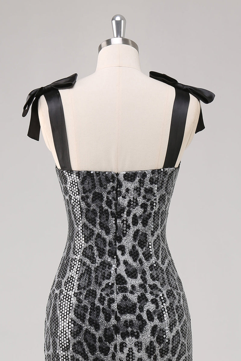 Laden Sie das Bild in den Galerie-Viewer, Glitzerndes Graues Etui Partykleid mit Leopardenmuster und Krawattenriemen