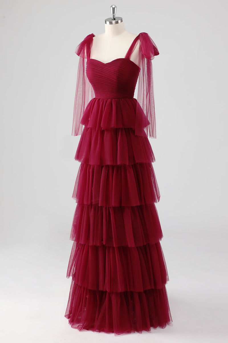 Laden Sie das Bild in den Galerie-Viewer, Burgunderrotes A-Linie Gestuftes Tüll Abendkleid mit gebundenen Schultergurten