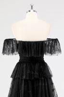 Laden Sie das Bild in den Galerie-Viewer, A Linie Schwarzes Gestuftes Ballkleid mit quadratischem Ausschnitt