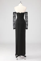 Laden Sie das Bild in den Galerie-Viewer, Schwarzes Etui Korsett Schulterfreies Abendkleid aus Spitze mit langen Ärmeln
