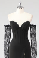 Laden Sie das Bild in den Galerie-Viewer, Schwarzes Etui Korsett Schulterfreies Abendkleid aus Spitze mit langen Ärmeln