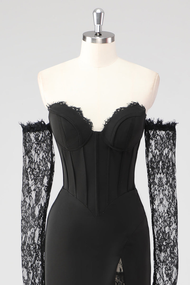 Laden Sie das Bild in den Galerie-Viewer, Schwarzes Etui Korsett Schulterfreies Abendkleid aus Spitze mit langen Ärmeln