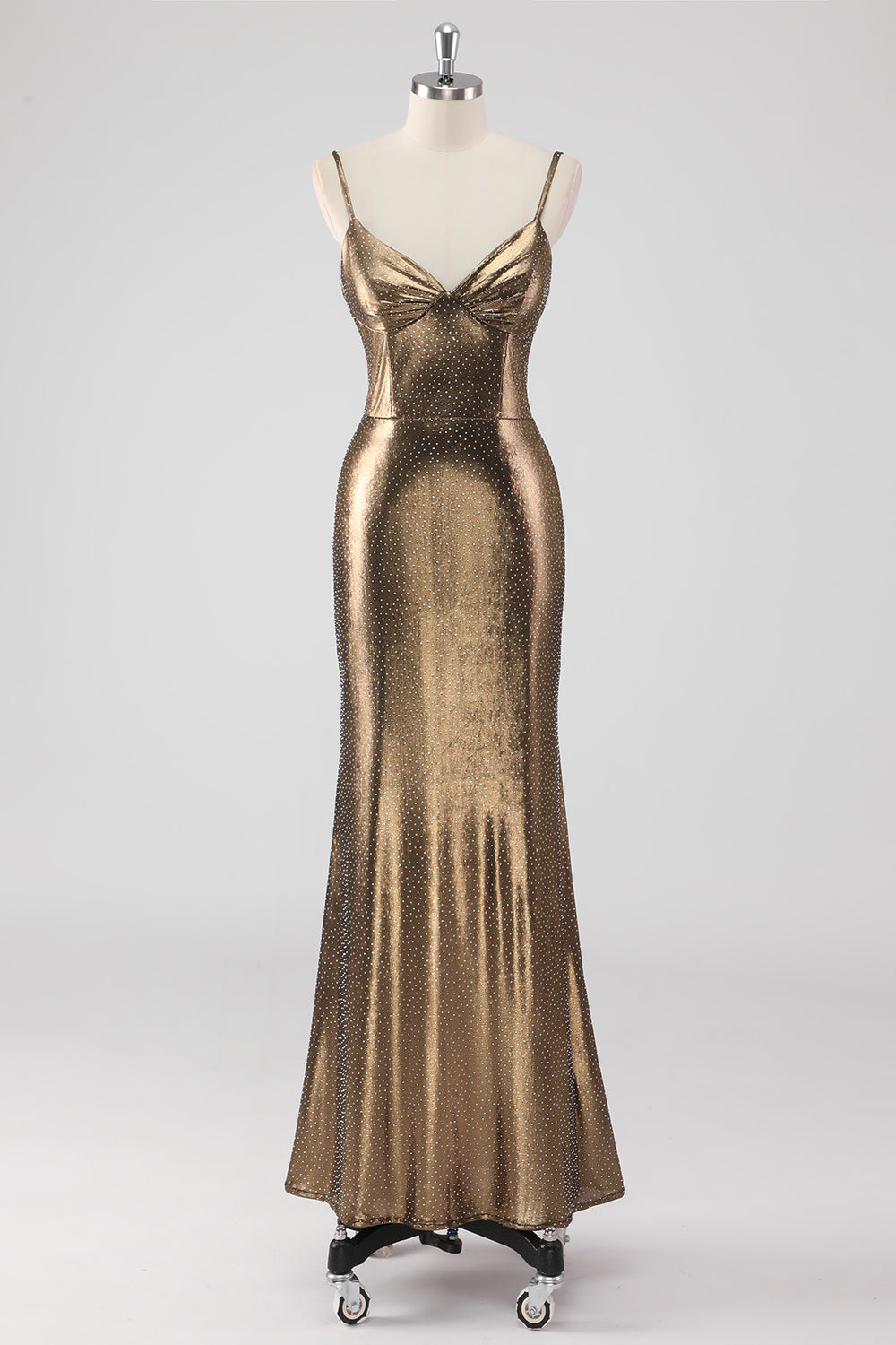 Goldenes Meerjungfrau Spaghettiträger Perlenbesetztes Langes Ballkleid