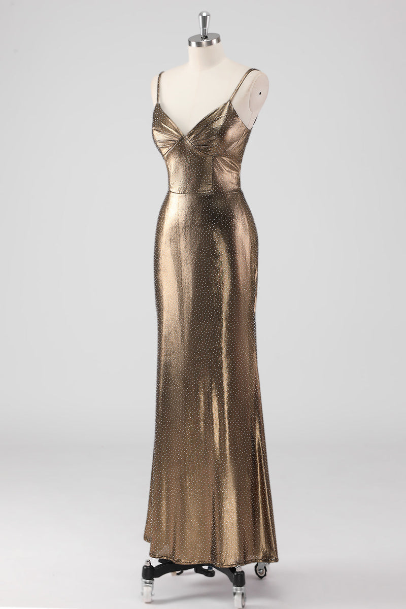 Laden Sie das Bild in den Galerie-Viewer, Goldenes Meerjungfrau Spaghettiträger Perlenbesetztes Langes Ballkleid