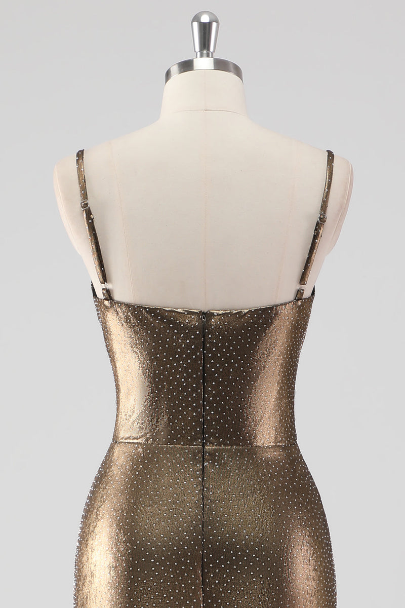 Laden Sie das Bild in den Galerie-Viewer, Goldenes Meerjungfrau Spaghettiträger Perlenbesetztes Langes Ballkleid