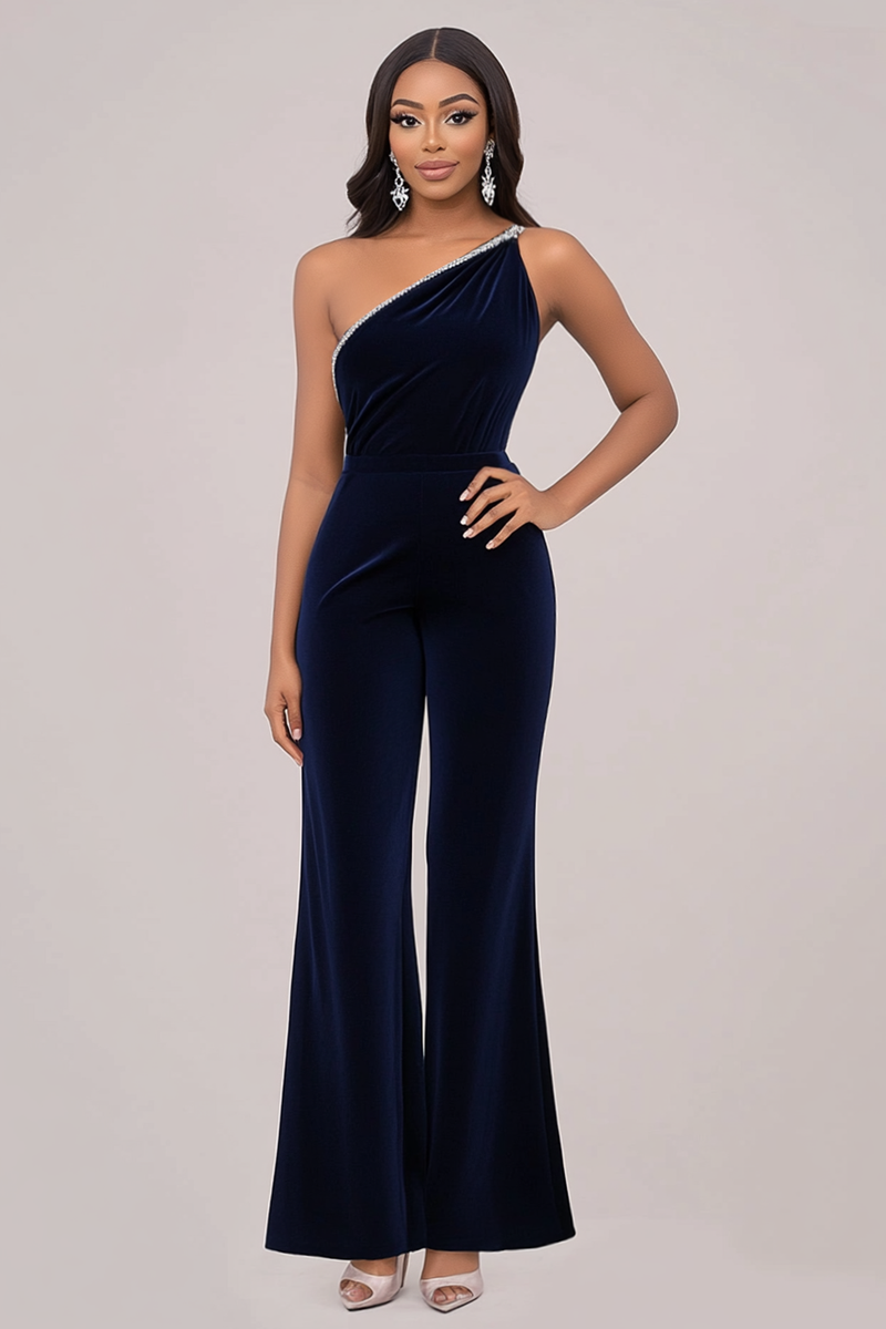 Laden Sie das Bild in den Galerie-Viewer, Samt Marine Damen Jumpsuits mit Strass