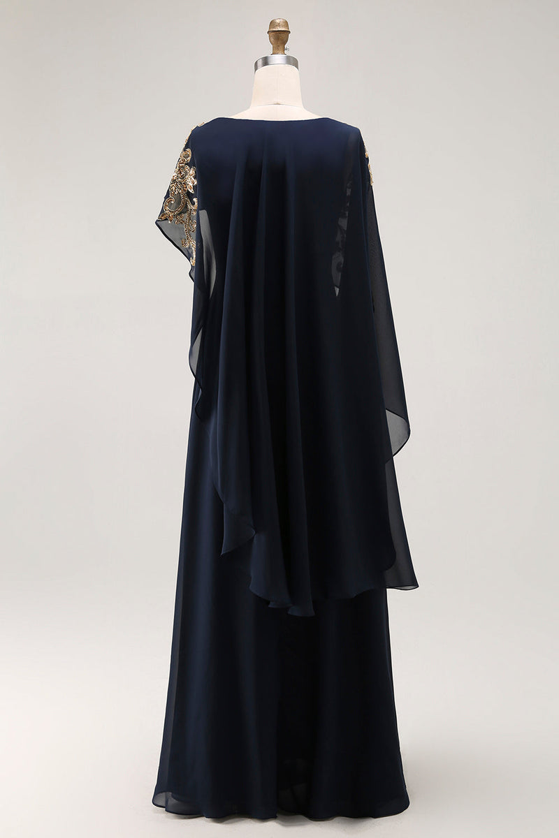 Laden Sie das Bild in den Galerie-Viewer, Marineblaues Etui Appliziertes Kleid für die Brautmutter mit Schal