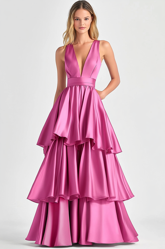 Fuchsia Ballkleid in A-Linie mit V-Ausschnitt und Rüschen