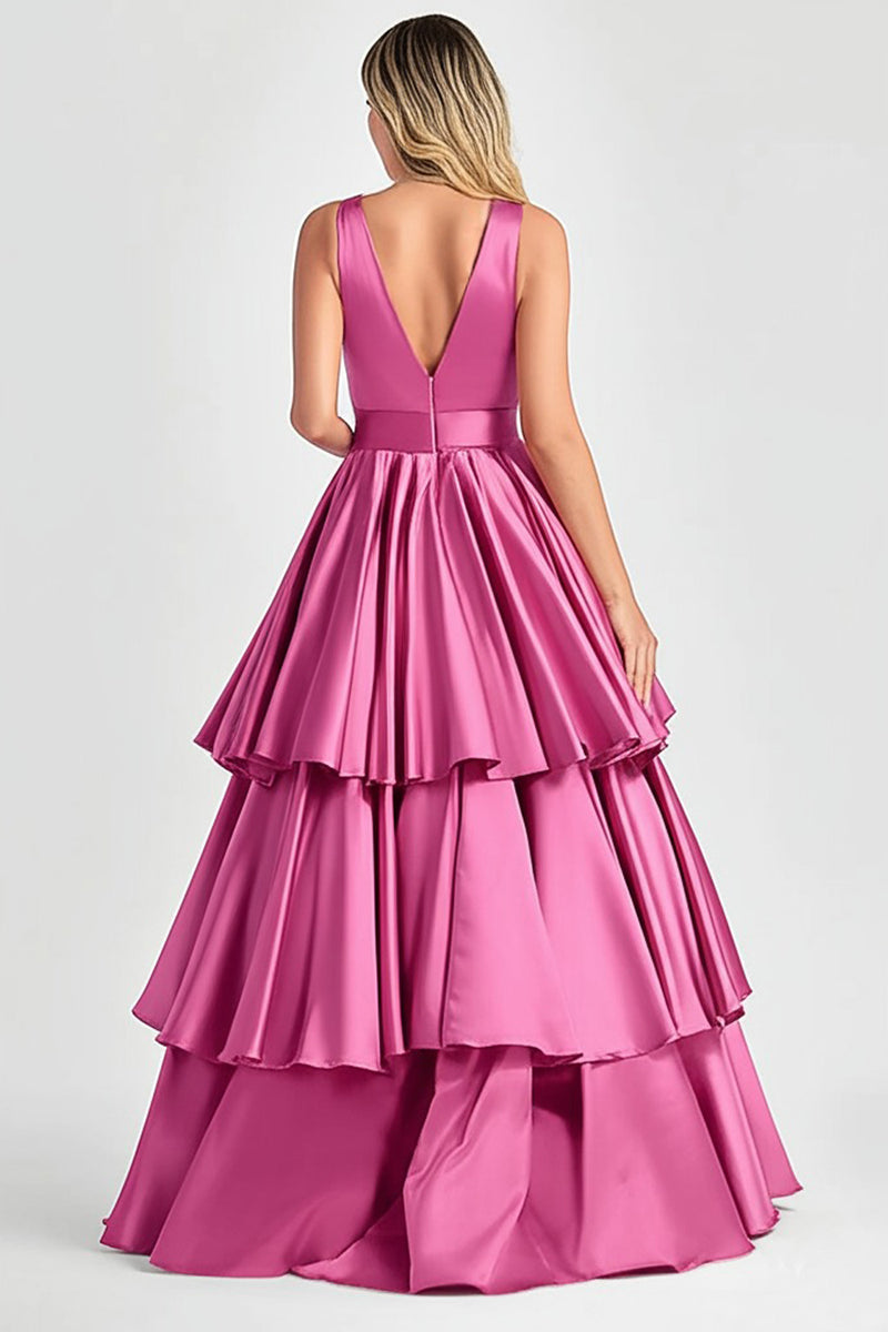 Laden Sie das Bild in den Galerie-Viewer, Fuchsia Ballkleid in A-Linie mit V-Ausschnitt und Rüschen