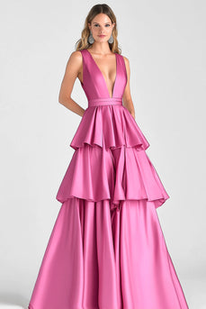 Fuchsia Ballkleid in A-Linie mit V-Ausschnitt und Rüschen