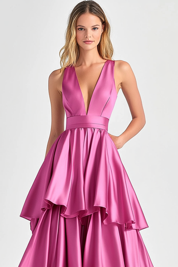 Fuchsia Ballkleid in A-Linie mit V-Ausschnitt und Rüschen