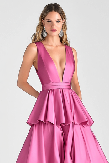 Fuchsia Ballkleid in A-Linie mit V-Ausschnitt und Rüschen