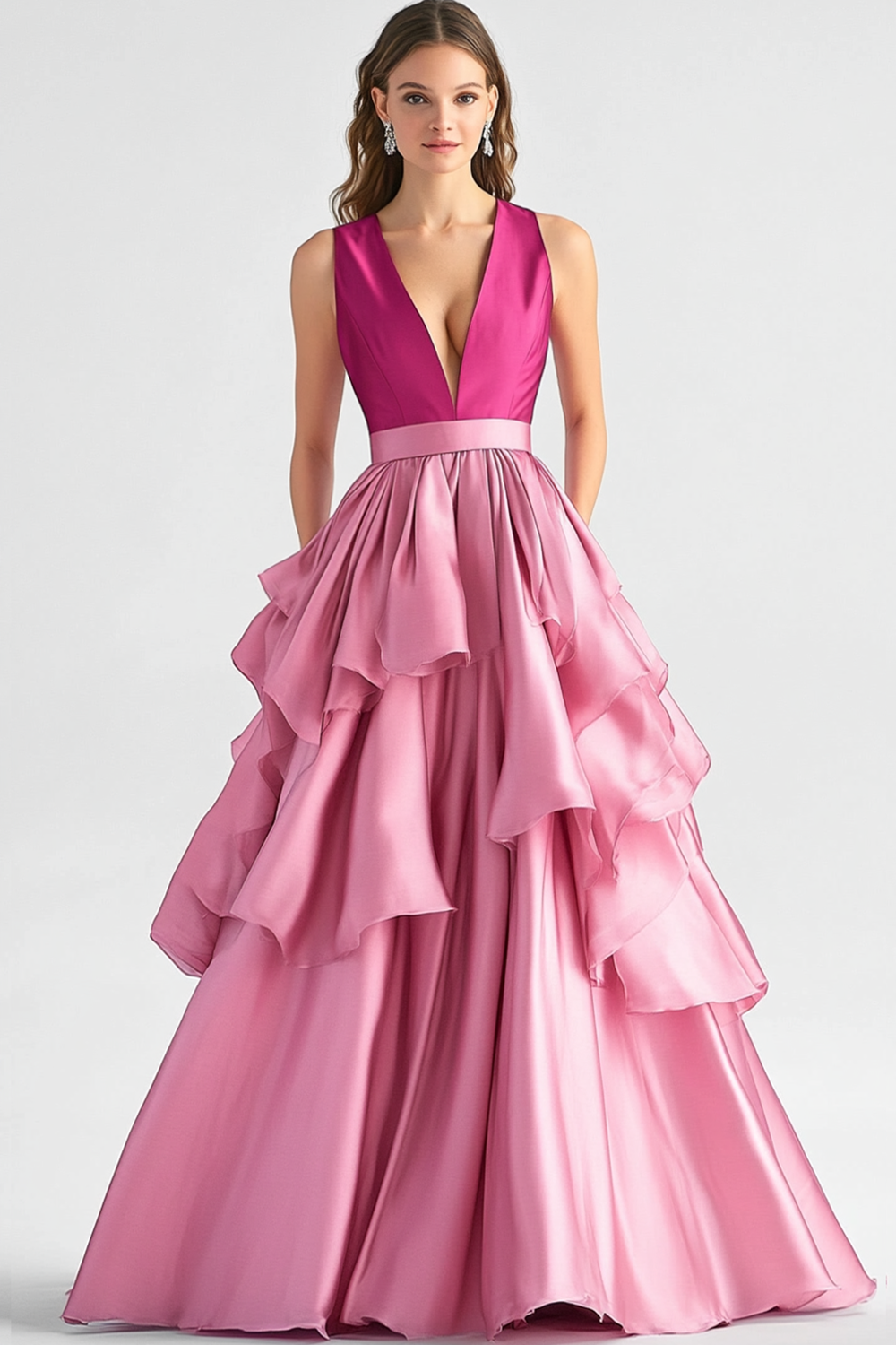 Hot Pink A-Linie Langes Ballkleid mit V-Ausschnitt und Rüschen