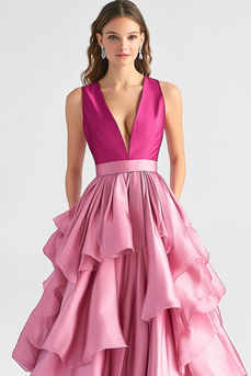 Hot Pink A-Linie Langes Ballkleid mit V-Ausschnitt und Rüschen